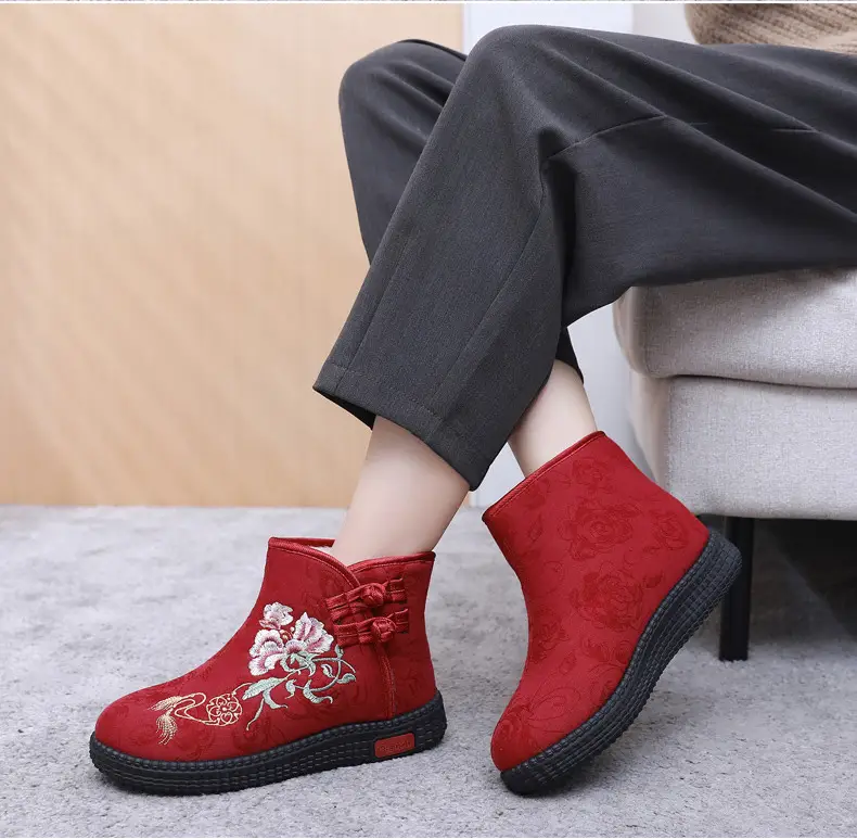 Winter Old Beijing Cloth Shoes Women's Cotton Shoes Ethnic Style Short Boots fleece-lined Warm Mother Shoes Chinese Style Embroidered Women's Cotton Boots — feature 15