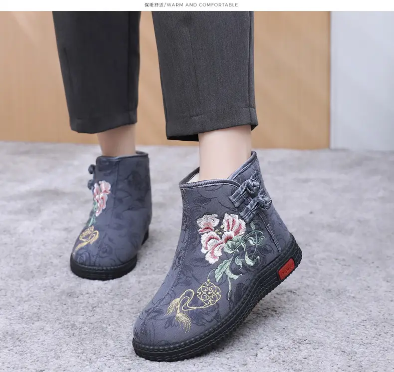 Winter Old Beijing Cloth Shoes Women's Cotton Shoes Ethnic Style Short Boots fleece-lined Warm Mother Shoes Chinese Style Embroidered Women's Cotton Boots — feature 17