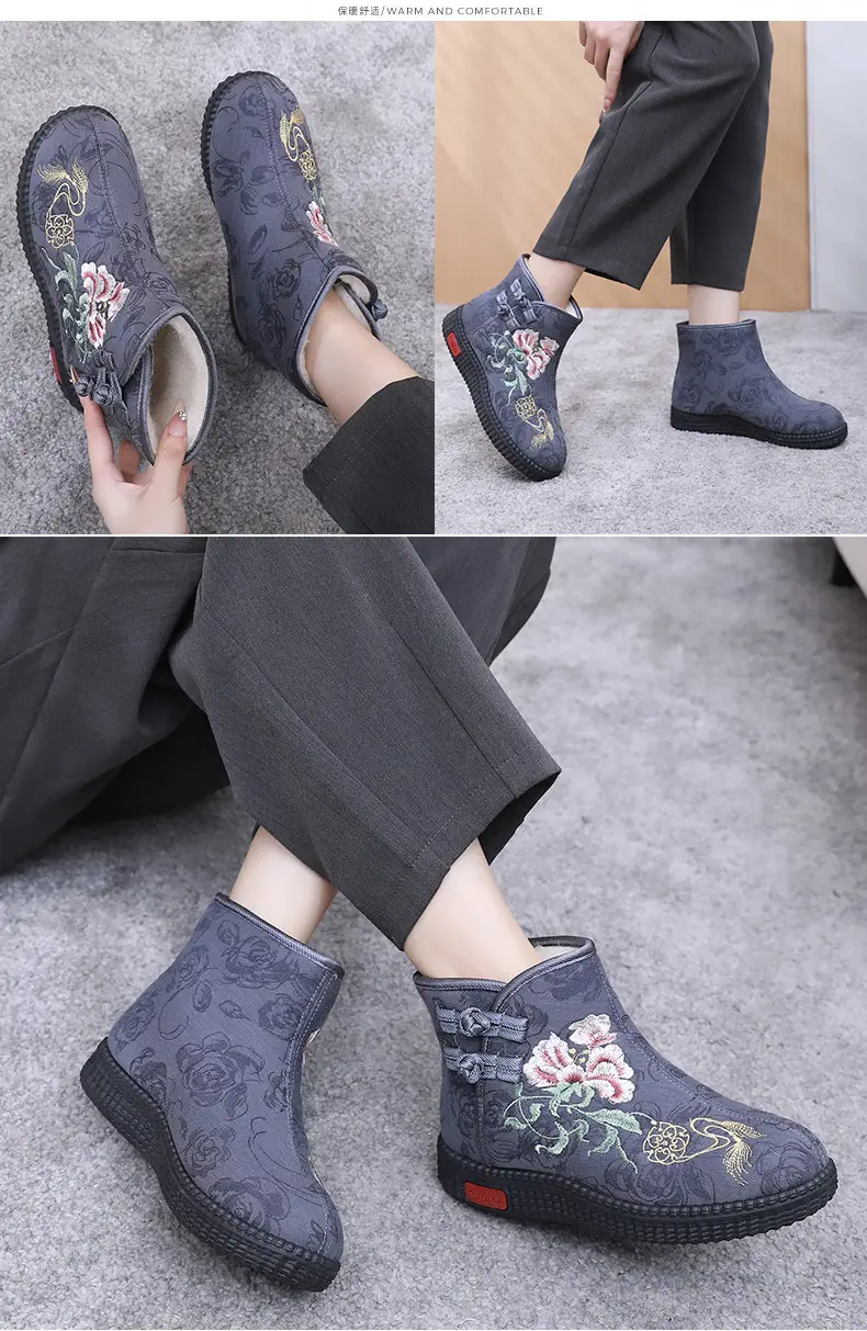 Winter Old Beijing Cloth Shoes Women's Cotton Shoes Ethnic Style Short Boots fleece-lined Warm Mother Shoes Chinese Style Embroidered Women's Cotton Boots — feature 19