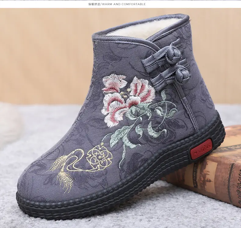 Winter Old Beijing Cloth Shoes Women's Cotton Shoes Ethnic Style Short Boots fleece-lined Warm Mother Shoes Chinese Style Embroidered Women's Cotton Boots — feature 29