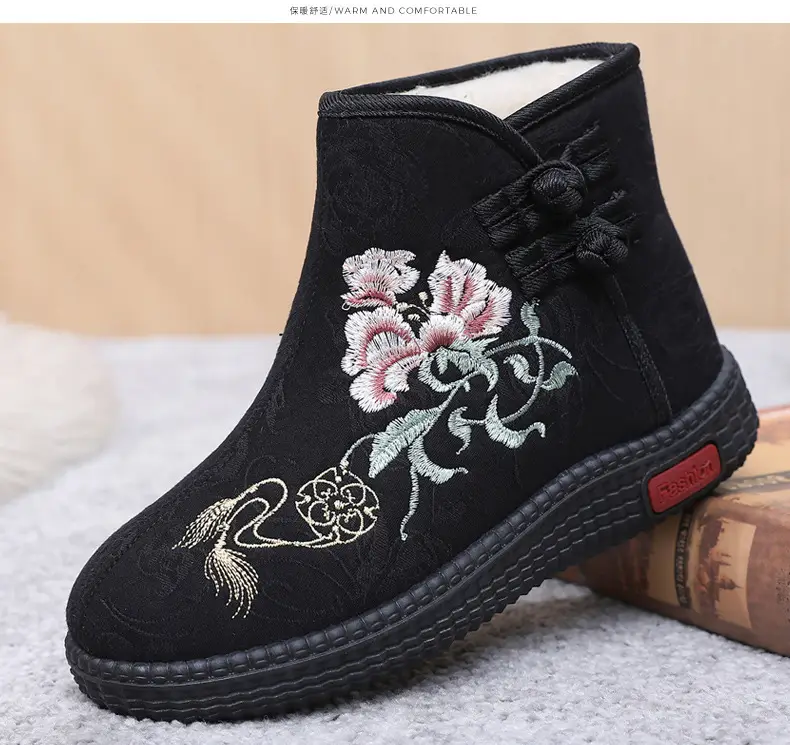 Winter Old Beijing Cloth Shoes Women's Cotton Shoes Ethnic Style Short Boots fleece-lined Warm Mother Shoes Chinese Style Embroidered Women's Cotton Boots — feature 33