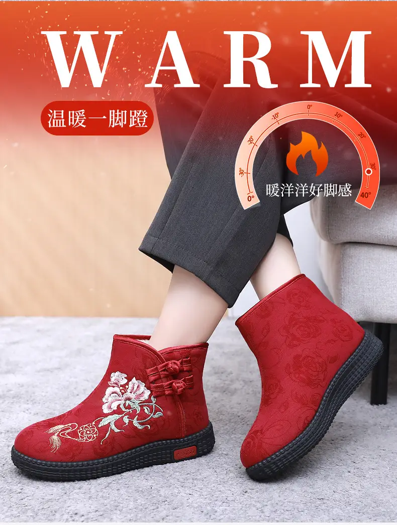 Winter Old Beijing Cloth Shoes Women's Cotton Shoes Ethnic Style Short Boots fleece-lined Warm Mother Shoes Chinese Style Embroidered Women's Cotton Boots — feature 8