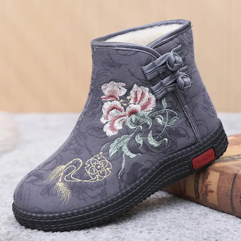Winter Old Beijing Cloth Shoes Women's Cotton Shoes Ethnic Style Short Boots fleece-lined Warm Mother Shoes Chinese Style Embroidered Women's Cotton Boots - Image 2
