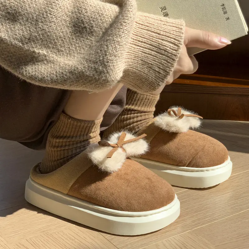 Women's Bow Faux Fur Slip On Shoes Brown Winter - Image 6