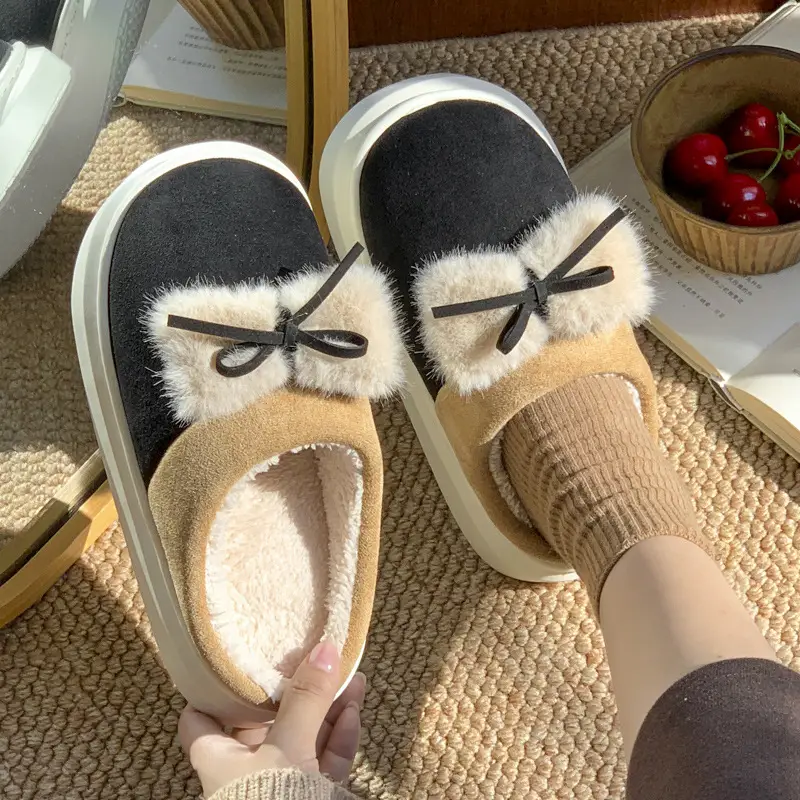 Women's Bow Faux Fur Slip On Shoes Brown Winter - Image 7