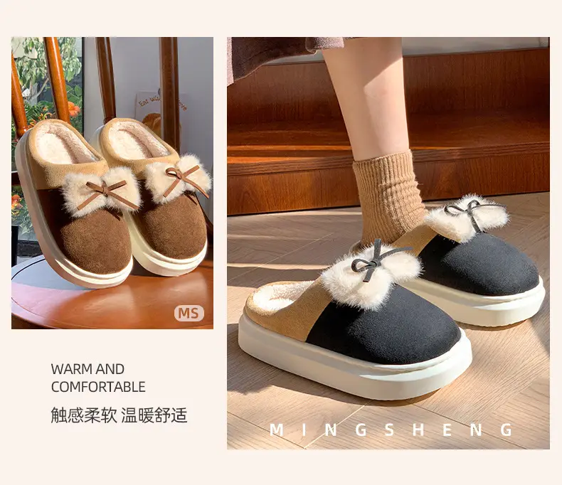 Women's Bow Faux Fur Slip On Shoes Brown Winter — feature 5