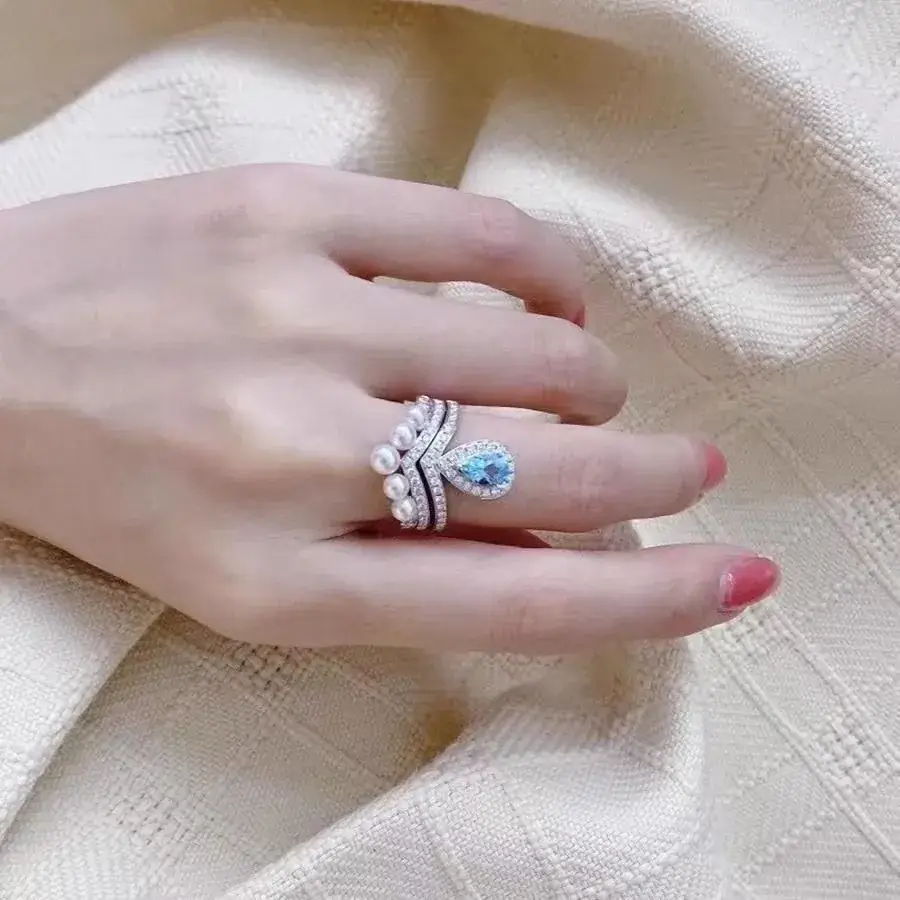 New Diamond Encrusted Aquamarine Pearl Ring for Women - Image 5