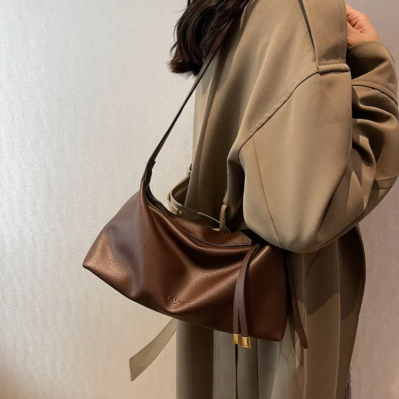 Women's Brown Leather Shoulder Bag with Gold Clasp