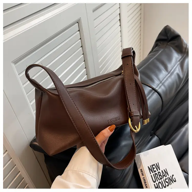 Women's Brown Leather Shoulder Bag with Gold Clasp