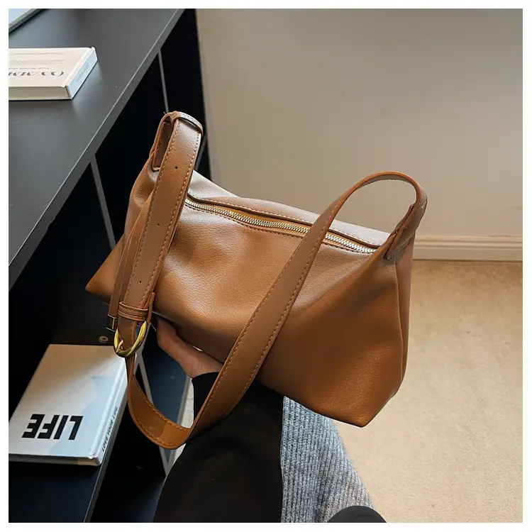Women's Brown Leather Shoulder Bag with Gold Clasp