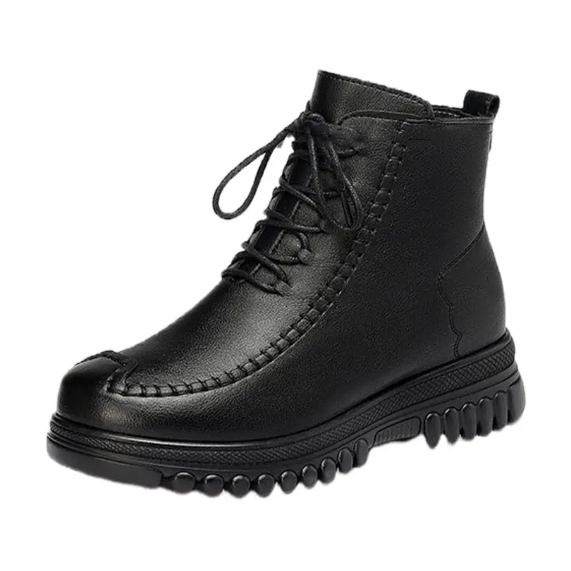 Black Leather Snow Boots with Fleece Lining & Thick Sole - Image 6