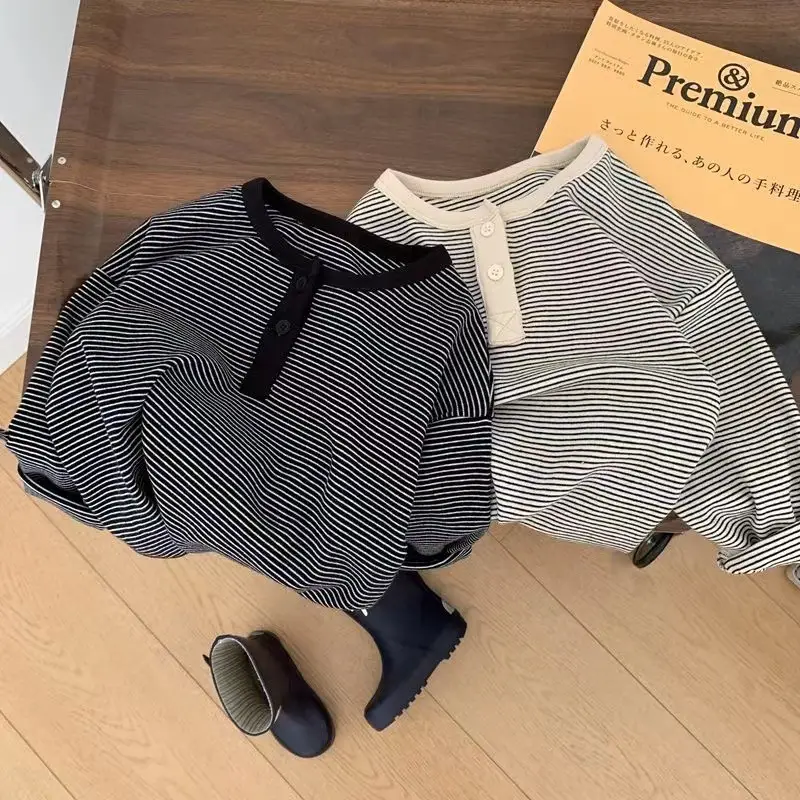 Children's Long Sleeve Striped T-Shirt Black White — feature 2