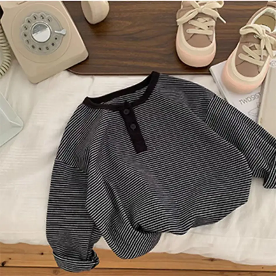 Children's Long Sleeve Striped T-Shirt Black White — feature 7