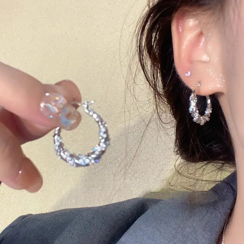 S925 silver needle European and American exaggerated plain ring earrings women's high-end light luxury Joker simple temperament earrings wholesale