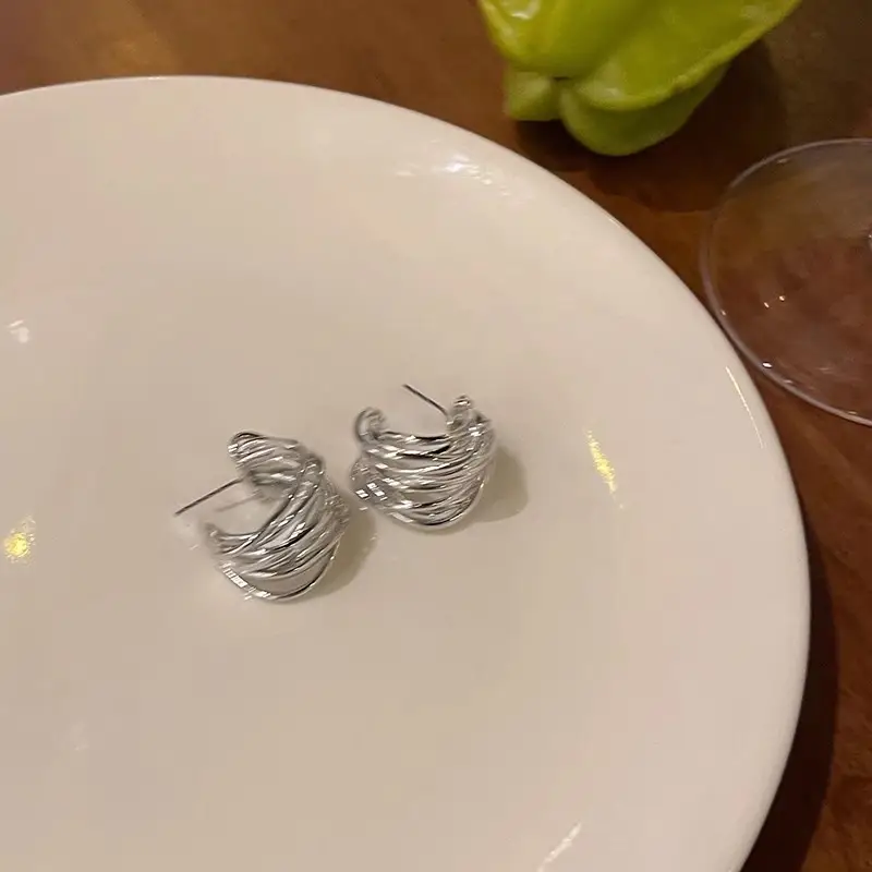 S925 silver needle European and American exaggerated plain ring earrings women's high-end light luxury Joker simple temperament earrings wholesale