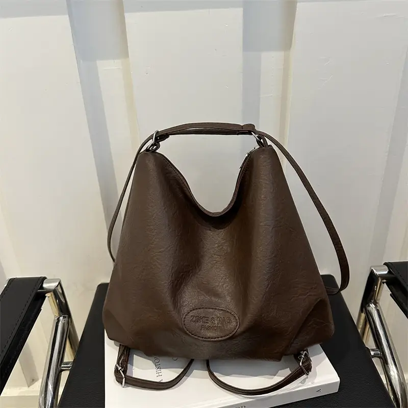 Women's Brown Leather Retro Tote Bag Large Capacity Travel Backpack - Image 3