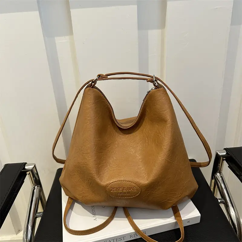 Women's Brown Leather Retro Tote Bag Large Capacity Travel Backpack - Image 4