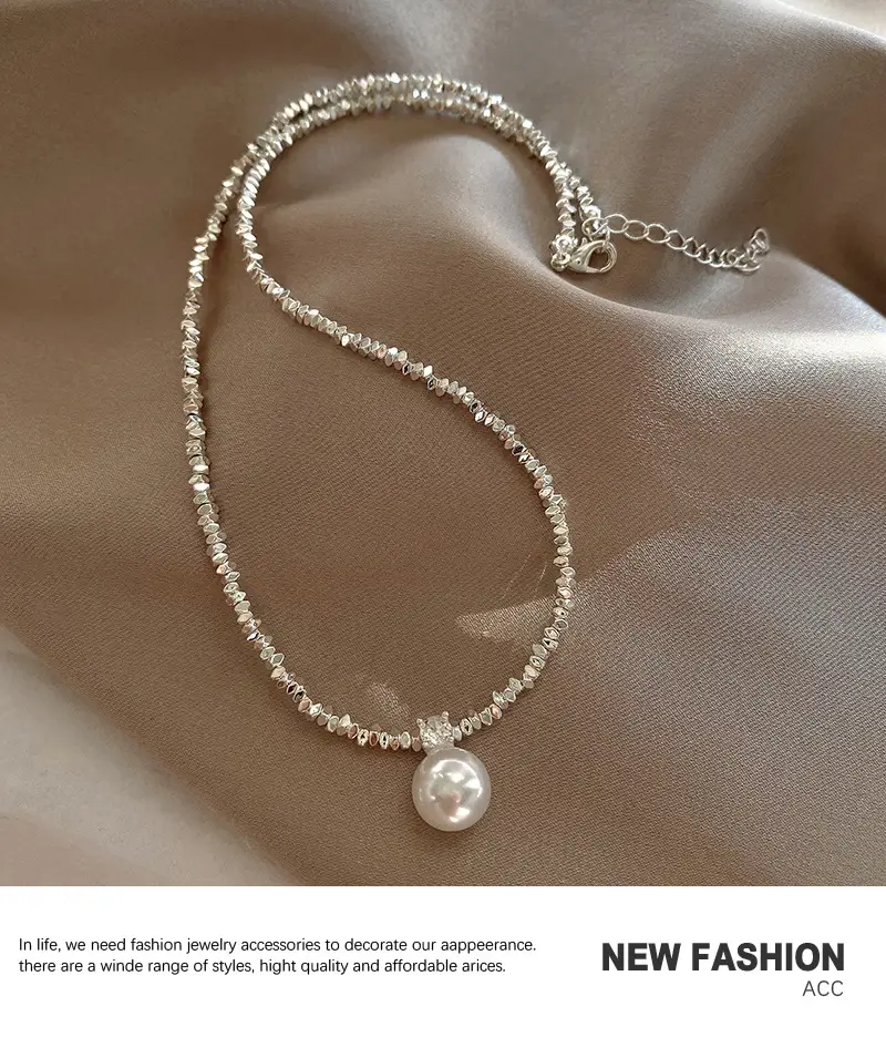 Feminine Pearl Clavicle Necklace with Broken Silver Finish — feature 2