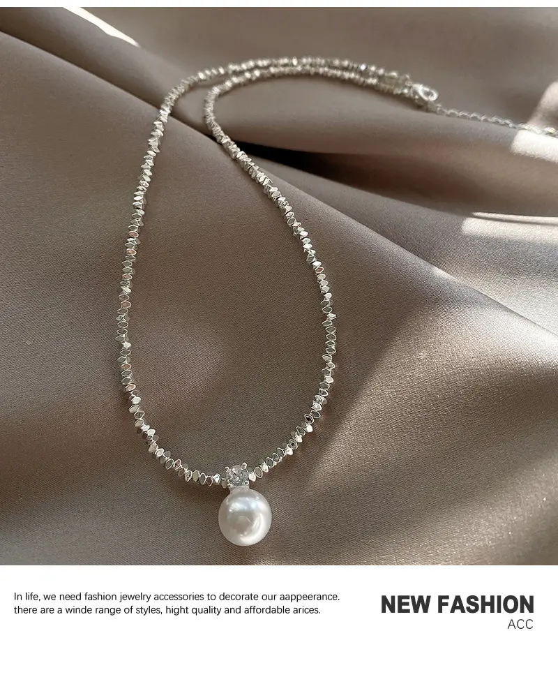 Feminine Pearl Clavicle Necklace with Broken Silver Finish — feature 3