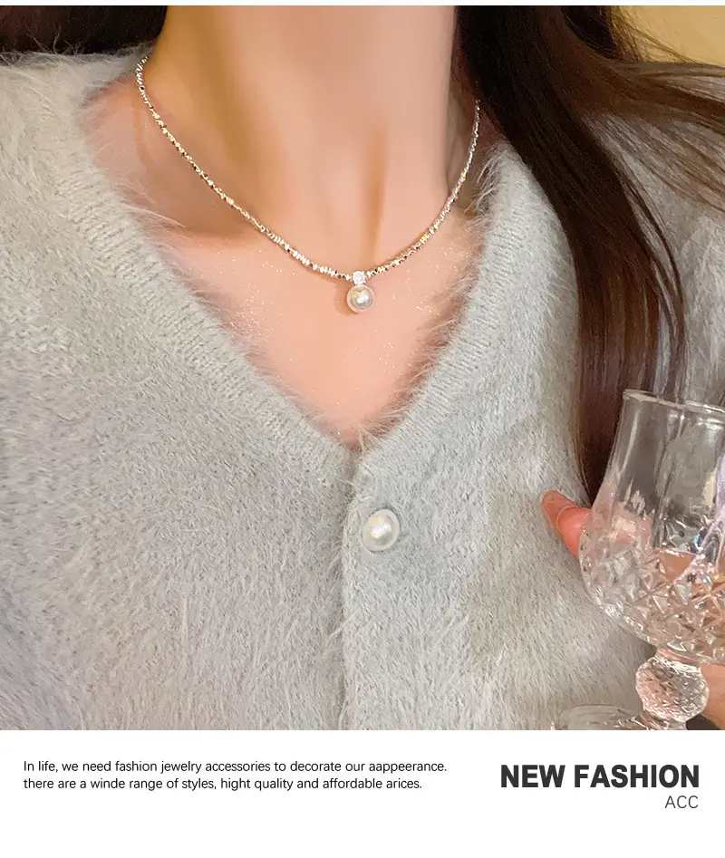 Feminine Pearl Clavicle Necklace with Broken Silver Finish — feature 4