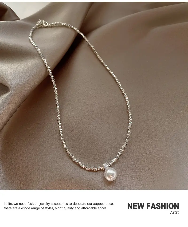 Feminine Pearl Clavicle Necklace with Broken Silver Finish — feature 6