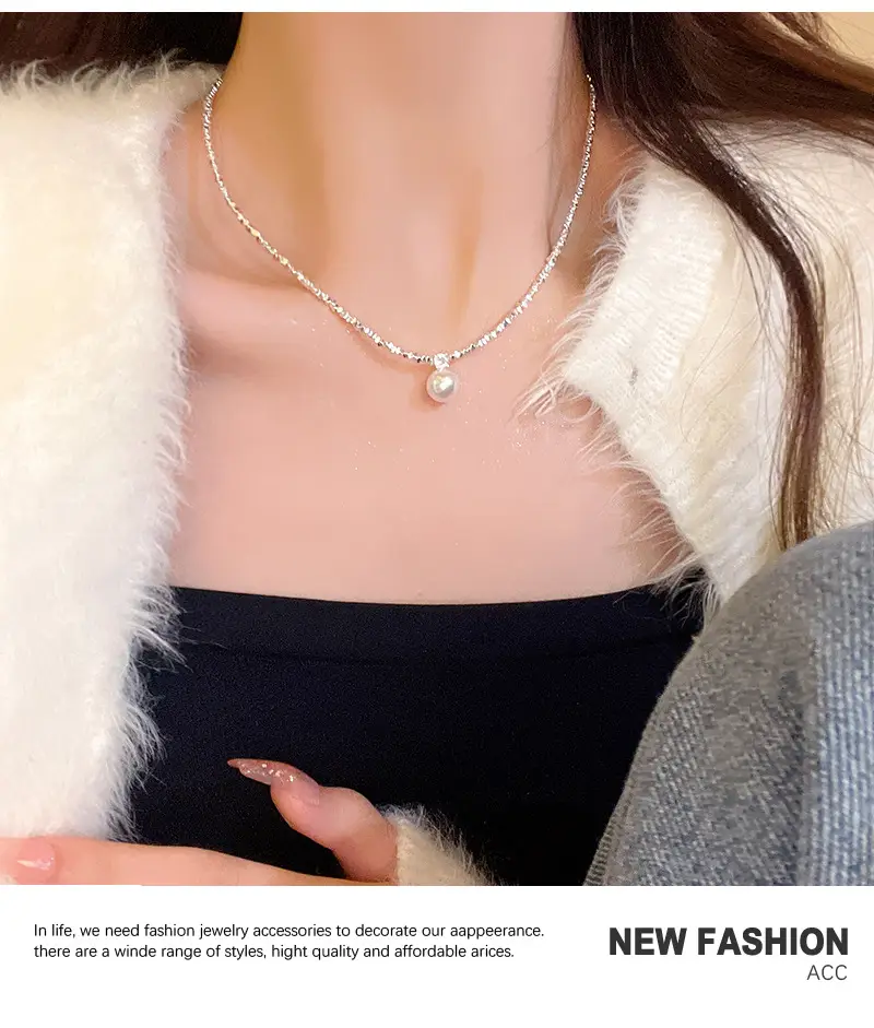 Feminine Pearl Clavicle Necklace with Broken Silver Finish — feature 7