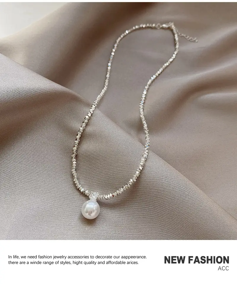 Feminine Pearl Clavicle Necklace with Broken Silver Finish — feature 8