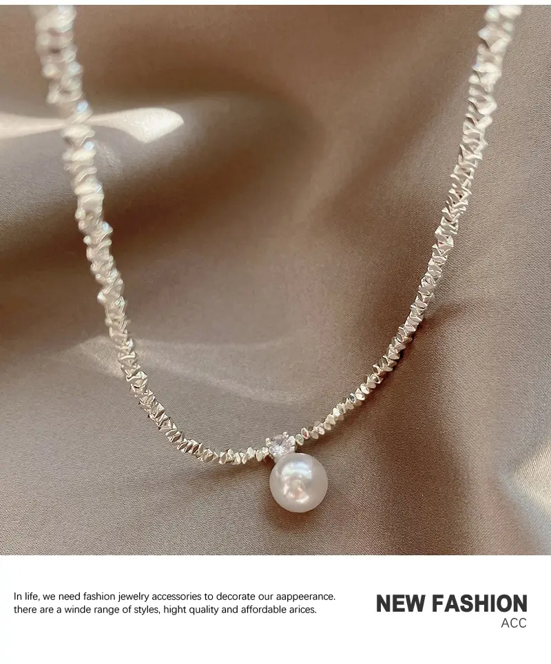 Feminine Pearl Clavicle Necklace with Broken Silver Finish — feature 9