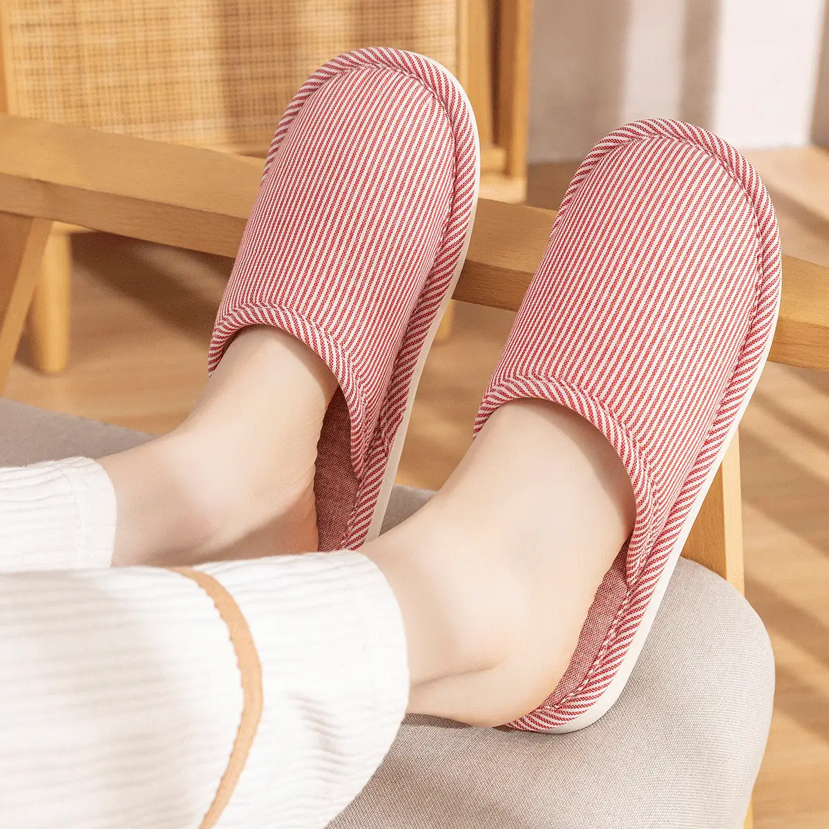 Japanese Cotton Linen Slippers Women Pink Striped All Season Comfort - Image 6