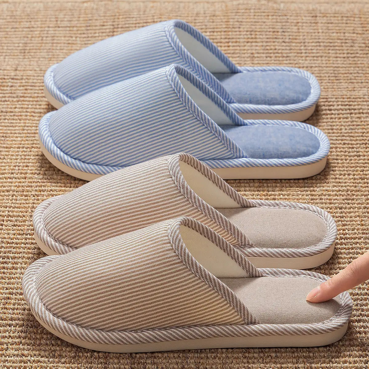 Japanese Cotton Linen Slippers Women Pink Striped All Season Comfort - Image 8