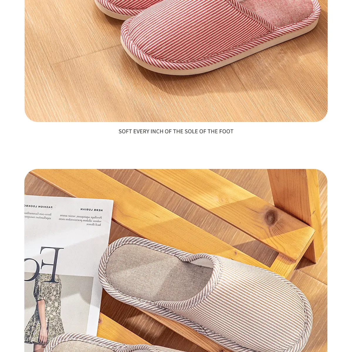 Japanese Cotton Linen Slippers Women Pink Striped All Season Comfort — feature 23