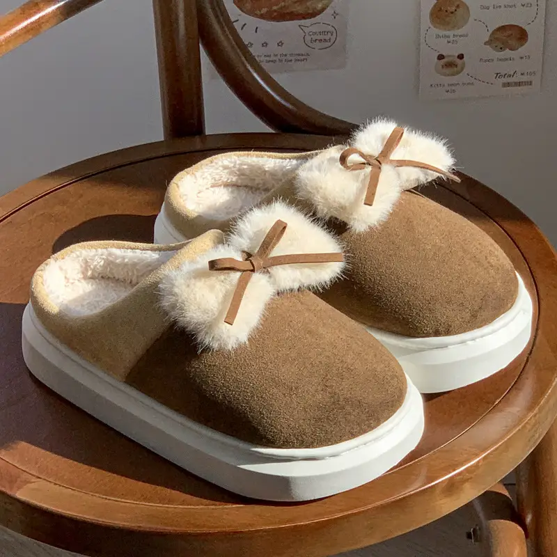 New Home Cotton Slippers Women's Winter Room with Velvet Warm and Comfortable Soft Bottom Increased Bow Moon Shoes Slippers - Image 4