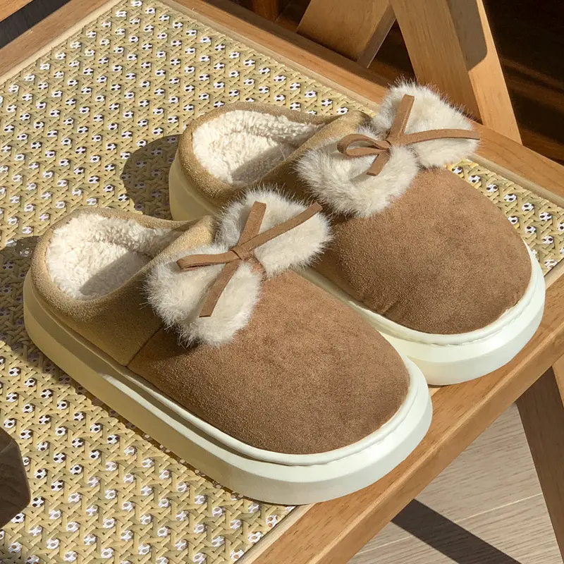 New Home Cotton Slippers Women's Winter Room with Velvet Warm and Comfortable Soft Bottom Increased Bow Moon Shoes Slippers - Image 5