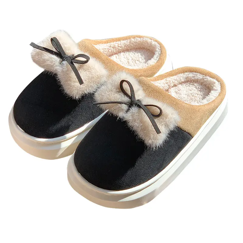 New Home Cotton Slippers Women's Winter Room with Velvet Warm and Comfortable Soft Bottom Increased Bow Moon Shoes Slippers - Image 7