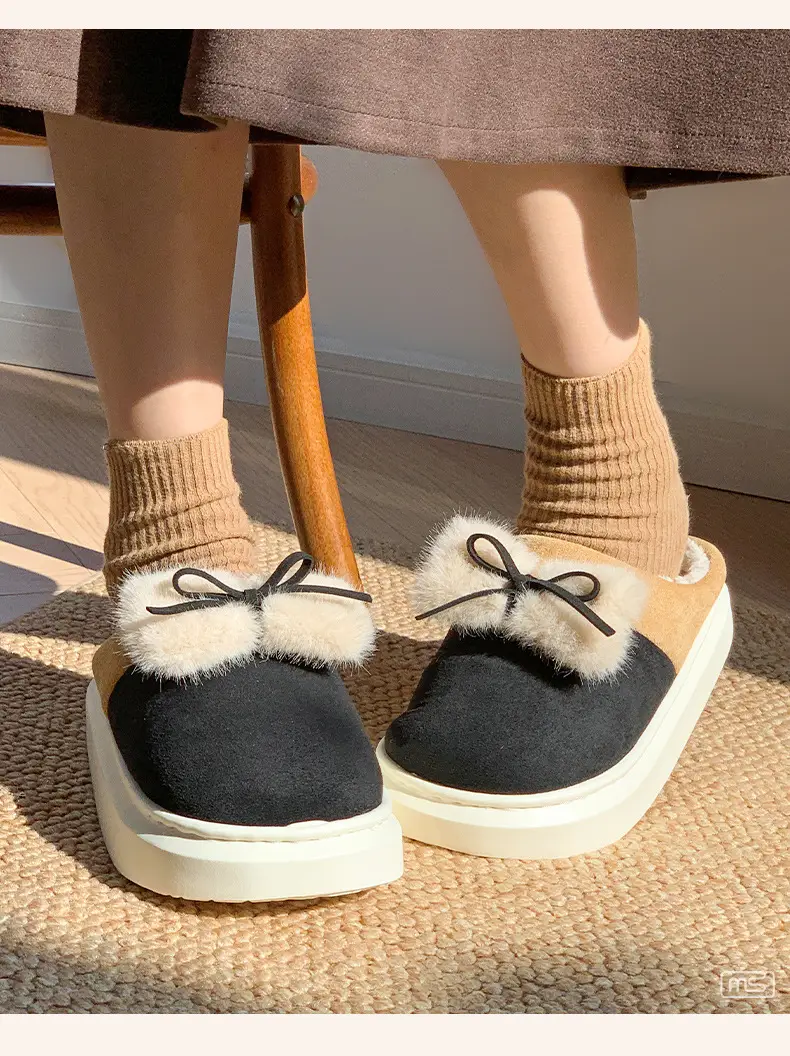 New Home Cotton Slippers Women's Winter Room with Velvet Warm and Comfortable Soft Bottom Increased Bow Moon Shoes Slippers — feature 10