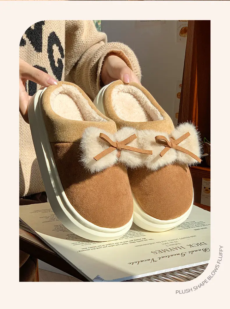 New Home Cotton Slippers Women's Winter Room with Velvet Warm and Comfortable Soft Bottom Increased Bow Moon Shoes Slippers — feature 15