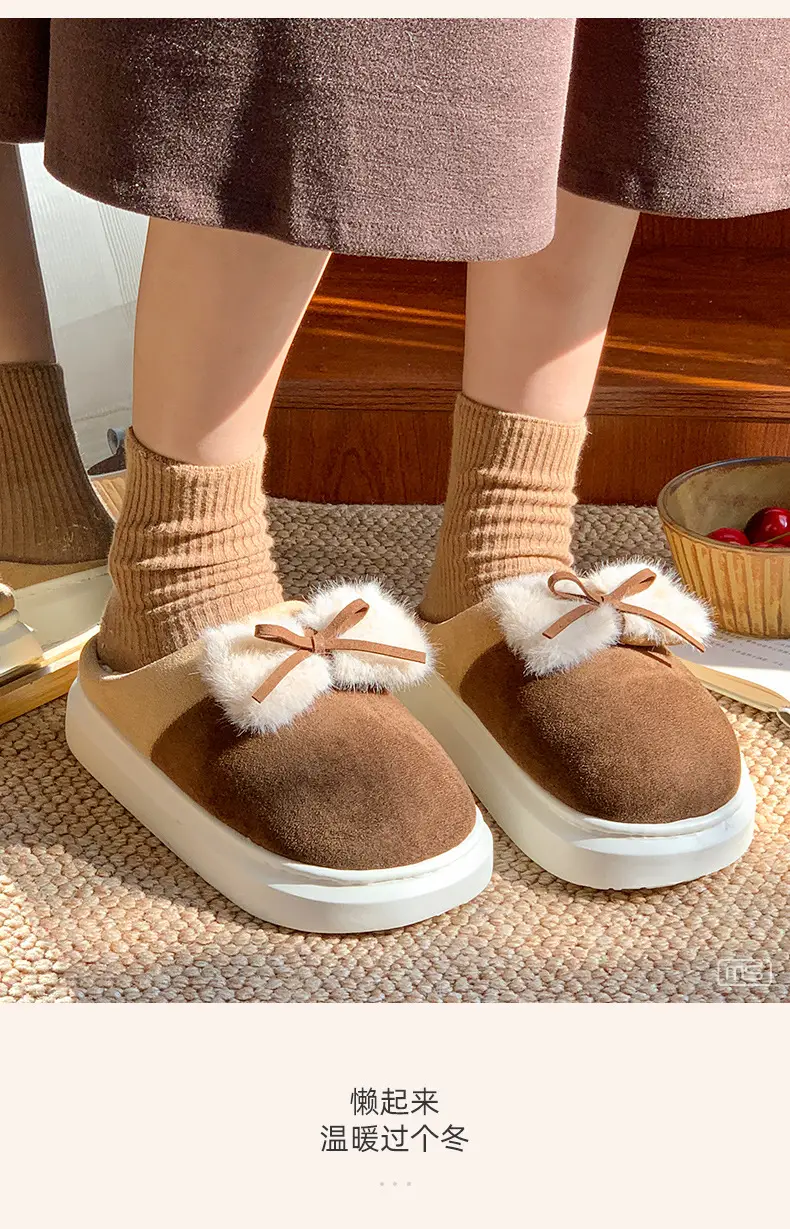 New Home Cotton Slippers Women's Winter Room with Velvet Warm and Comfortable Soft Bottom Increased Bow Moon Shoes Slippers — feature 4