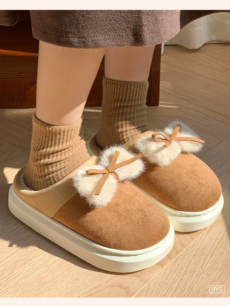 New Home Cotton Slippers Women's Winter Room with Velvet Warm and Comfortable Soft Bottom Increased Bow Moon Shoes Slippers — feature 6