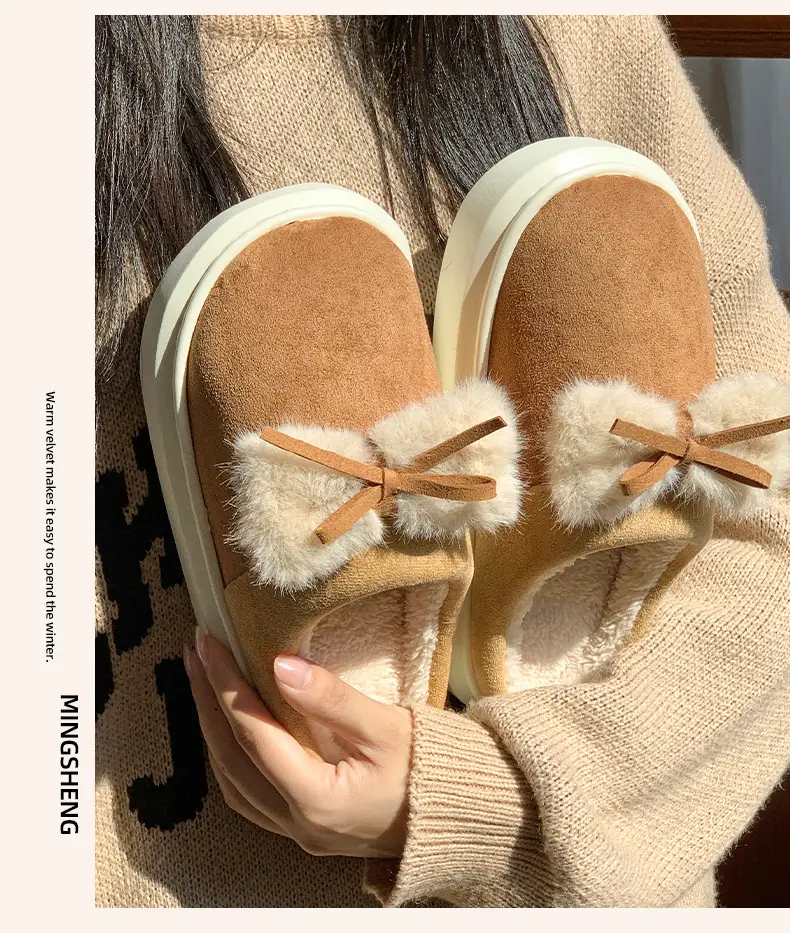 New Home Cotton Slippers Women's Winter Room with Velvet Warm and Comfortable Soft Bottom Increased Bow Moon Shoes Slippers — feature 7