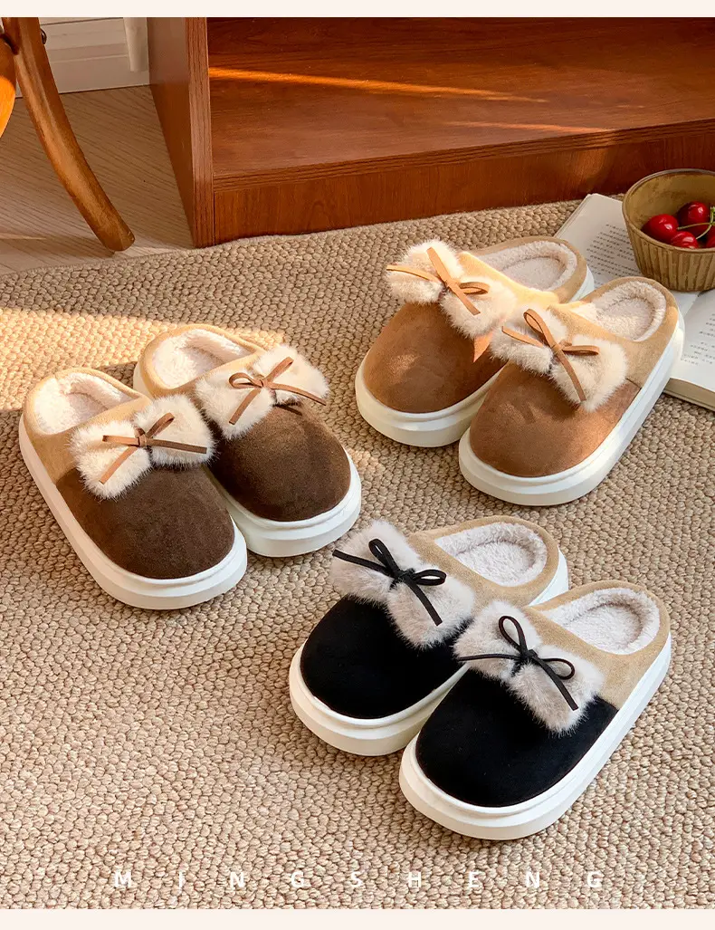 New Home Cotton Slippers Women's Winter Room with Velvet Warm and Comfortable Soft Bottom Increased Bow Moon Shoes Slippers — feature 8