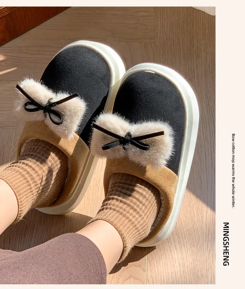 New Home Cotton Slippers Women's Winter Room with Velvet Warm and Comfortable Soft Bottom Increased Bow Moon Shoes Slippers — feature 9
