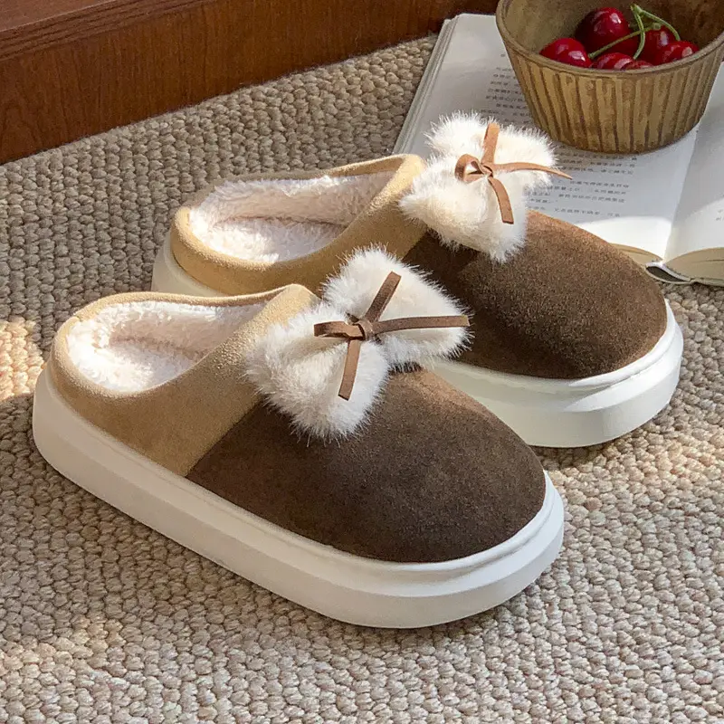 New Home Cotton Slippers Women's Winter Room with Velvet Warm and Comfortable Soft Bottom Increased Bow Moon Shoes Slippers - Image 2