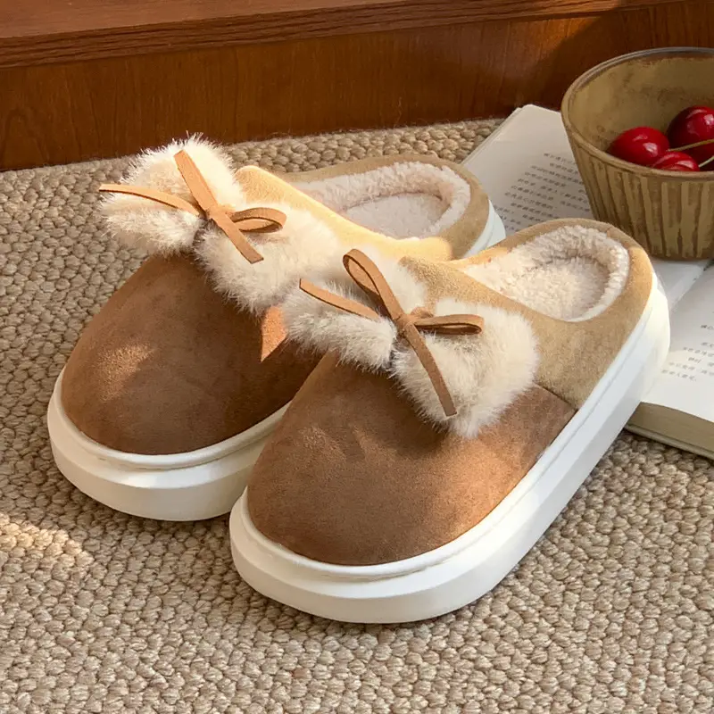 New Home Cotton Slippers Women's Winter Room with Velvet Warm and Comfortable Soft Bottom Increased Bow Moon Shoes Slippers - Image 3