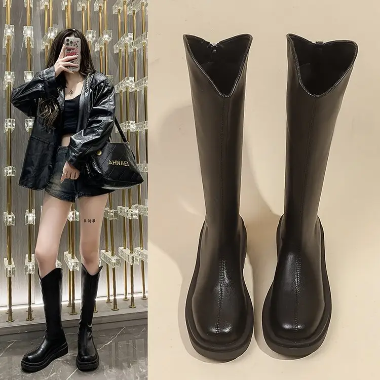 Women's Black High Heel Boots Thick Leg Winter - Image 5