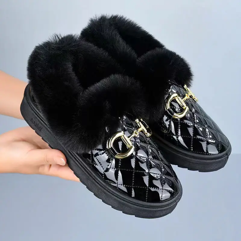Women's White Fleece Slip-On Winter Shoes with Gold Buckle