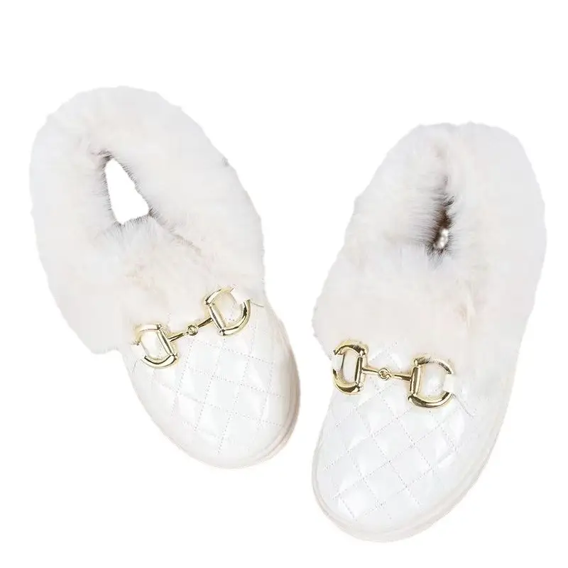 Women's White Fleece Slip-On Winter Shoes with Gold Buckle