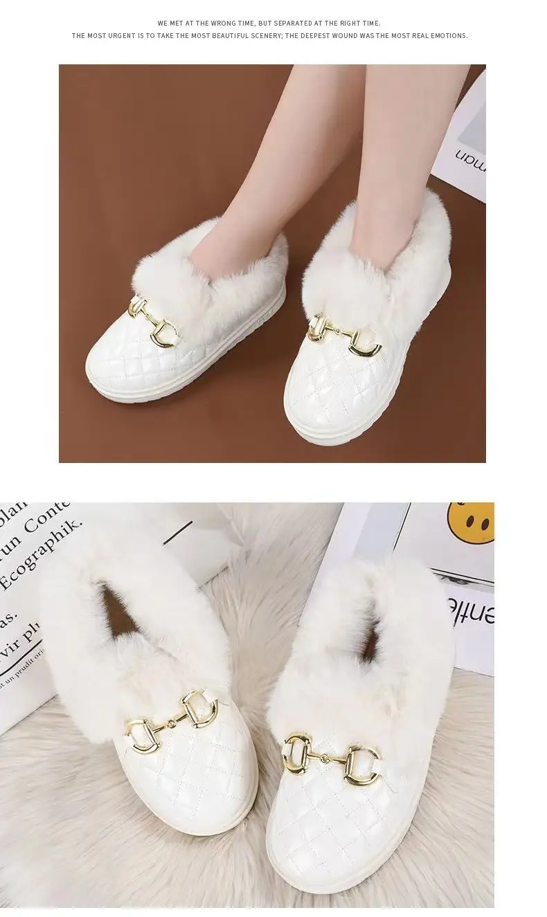 Women's White Fleece Slip-On Winter Shoes with Gold Buckle — feature 10