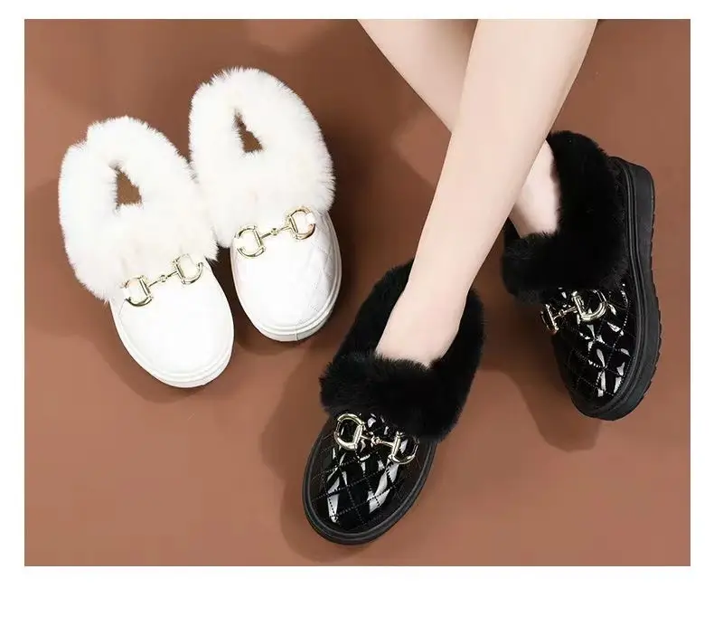 Women's White Fleece Slip-On Winter Shoes with Gold Buckle — feature 11