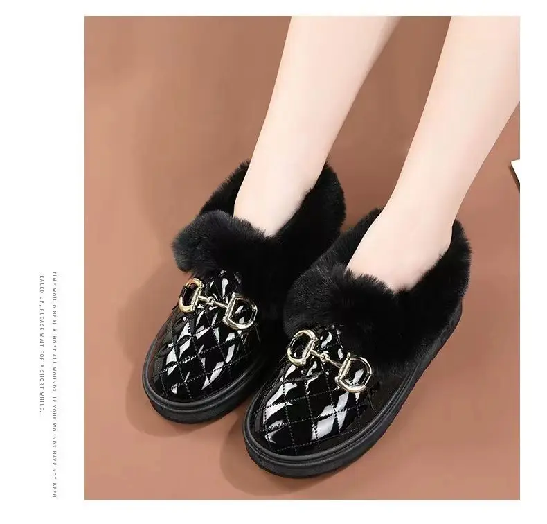 Women's White Fleece Slip-On Winter Shoes with Gold Buckle — feature 13