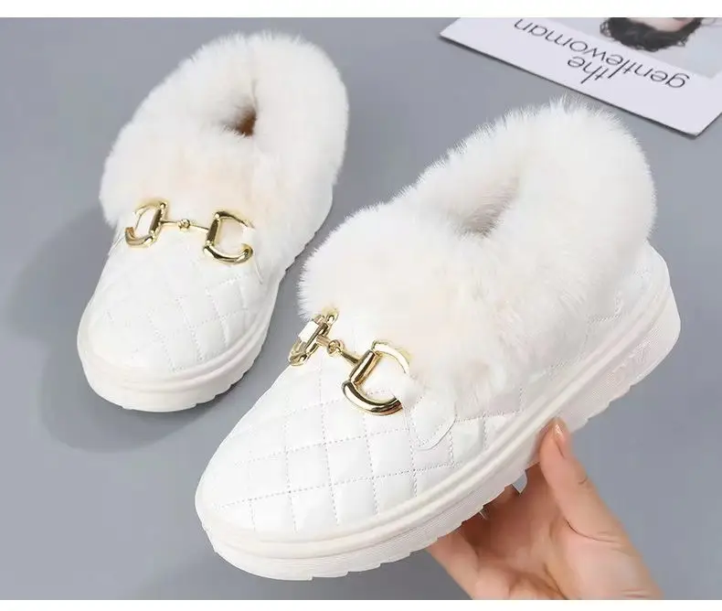Women's White Fleece Slip-On Winter Shoes with Gold Buckle — feature 15
